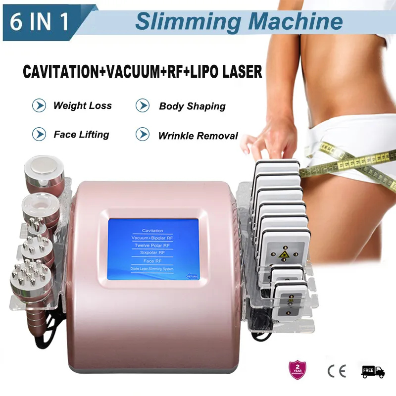 CE-opruiming 6 in 1 liposuctie vacuüm cavitatie slanke lichaam afslanken vorm machine 8 lipolaser pads vet verlies RF huid verstevigende fabrieksaanbod