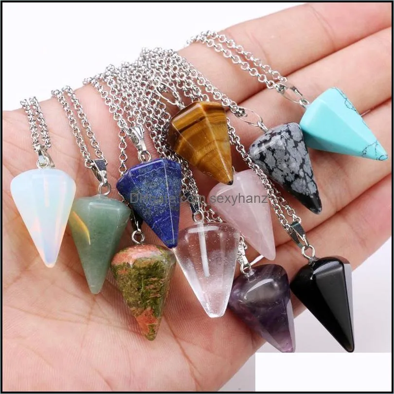 Gemstone Pendant Necklace Crystal Healing Chakra Reiki Silver Stone Hexagonal Prisme Cone Pendulum Charm Necklaces