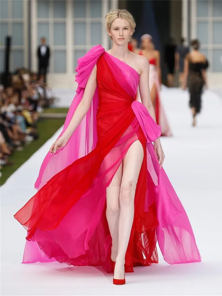 2022 Sexy rouge rose robes de soirée fente latérale en mousseline de soie une épaule robe de bal sangle sans manches longue piste Pageant robes d'occasion spéciale robes de festa Gala