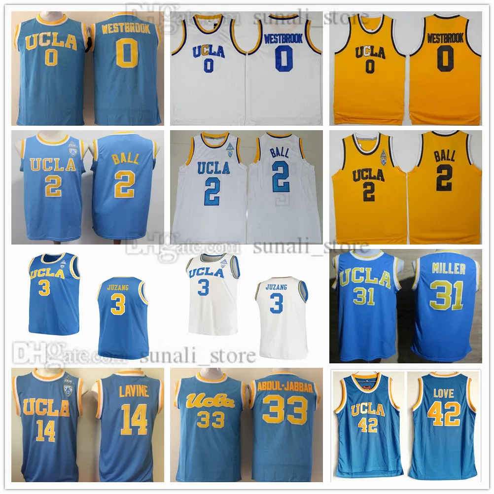 NCAA UCLA Bruins College Баскетбольная майки Джонни Джузанг 3 Zach Lavine 14 Kevin Love 42 Russell WestBrook 0 Lonzo Ball 2 Reggie Miller 31 Blue White Yellow Walton 32