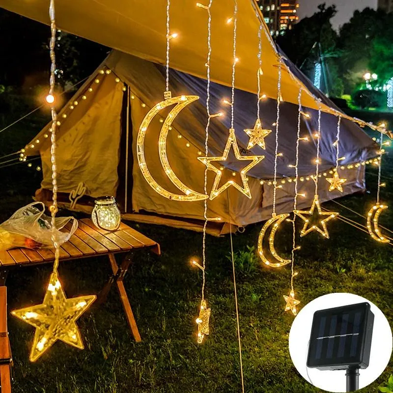 Solar Lamp Star Moon Fairy Curtain String Lights Christmas Garland For Bar Home Wedding Party Garden Patio Window Decor Remote