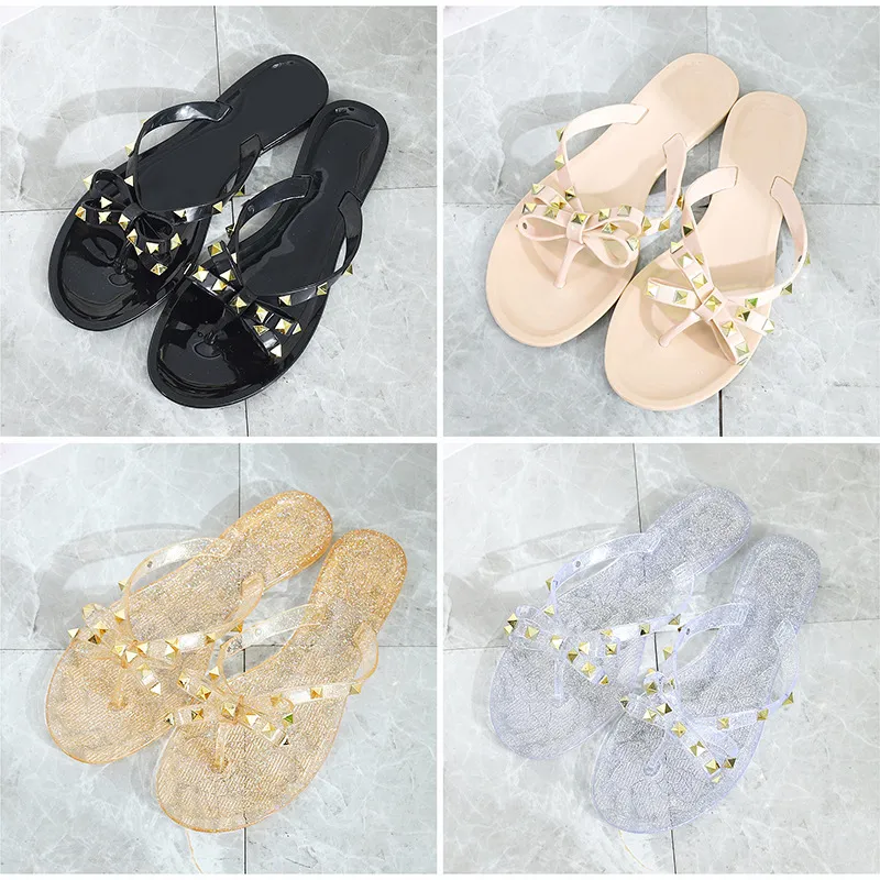 Slippers Designer Rivets Flip Flops Beach Slippers Femininas Flat Jelly Sandals Support wholesale Woman Summer Sandals Rivets Big Bowknot