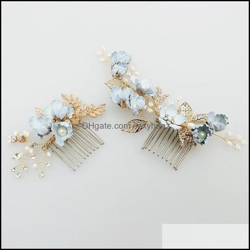Hair Clips & Barrettes 4pcs Blue Flower Clip Women Pearl Pins Prom Bridal Wedding Accessories Leaves Jewelry Handmade Headdress