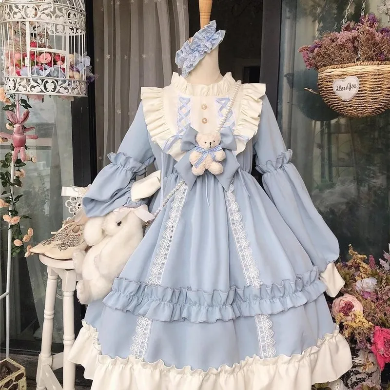 일본 고딕 로리타 드레스 여성 카와이 보우 베어 레이스 블루 드레스 긴 소매 공주 드레스 여자를위한 할로윈 의상 선물 210302