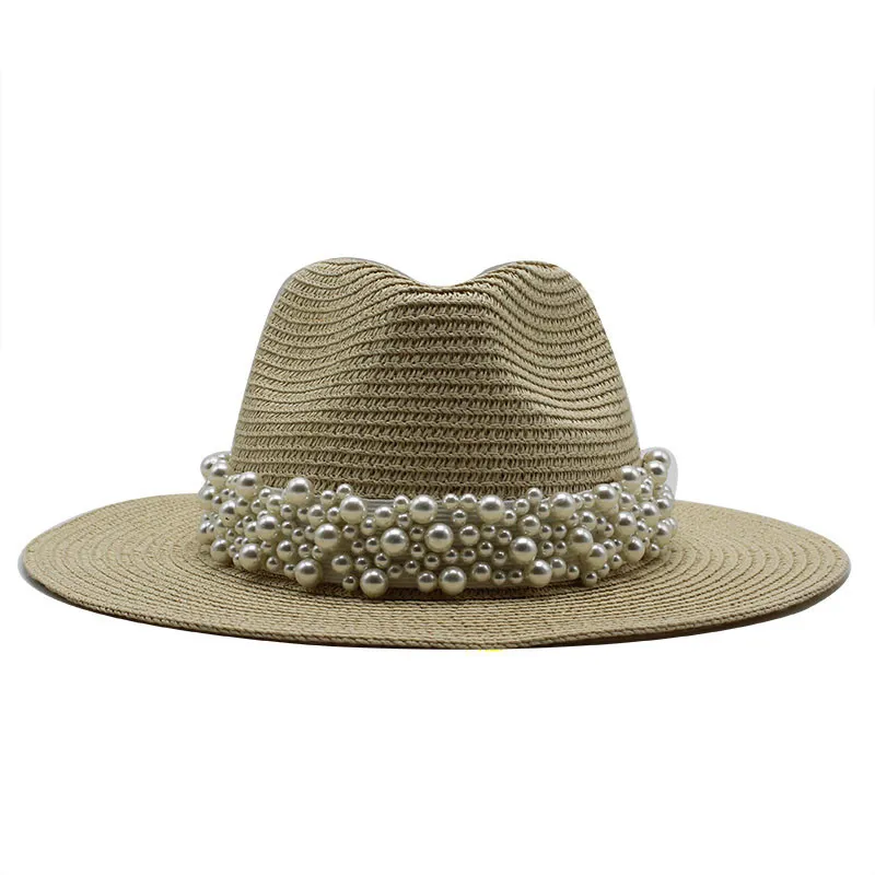 Women Jazz Straw Hat Beach Sun Protection Cap Ladies Pearl Wide Brim Caps Woman Girls Fashion Travel Hats Spring Summer NEW