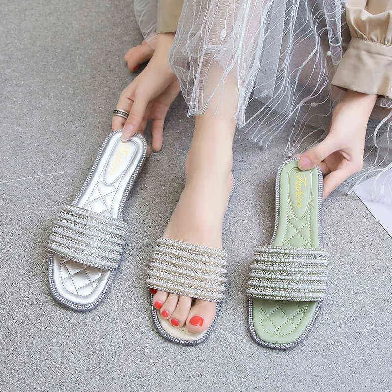 Slippers Dames Zomer Nieuwe Rhinestone Decoratie Sandalen Vrouwelijke Jelly Naaien String Bead Sandal Ladies Casual Soft Flat Slides 220304