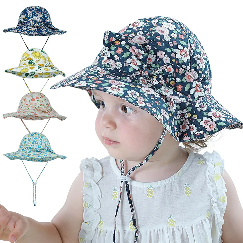 베이비 여름 모자 조절 가능한 태양 베이비 모자 SPF50 여행 비치 모자 베이비 수영 모자 0-3 년 보우 노드 꽃 소녀 아이 햇살 모자