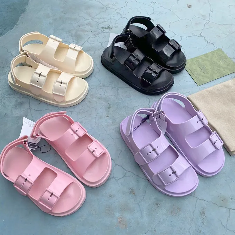 Women Rubber Sandal Mini Double G Jelly Slippers Womens Scuffs Slipper Luxury designer sandals Flat Mule Adjustable Buckle Beach Flip Flops With BOX NO299