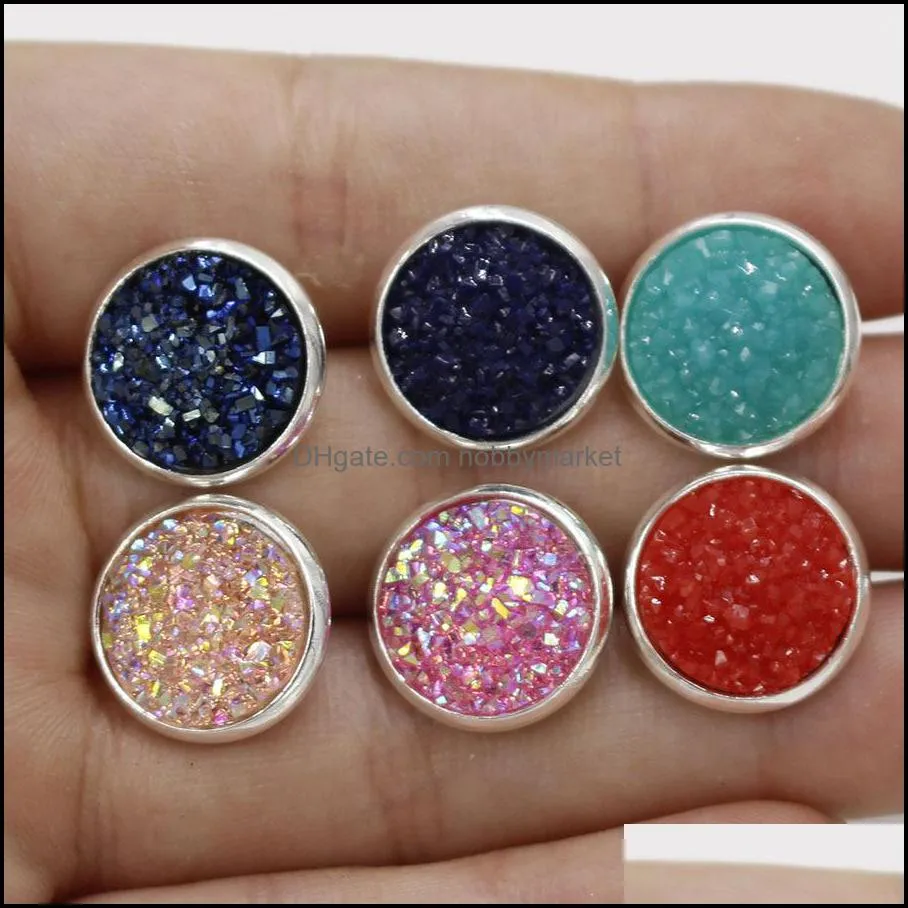 Hot 12MM Round druzy stone Stud Earrings 30 color Resin Gold Silver Stainless steel Hypoallergenic ear pin For women Fashion Jewelry in