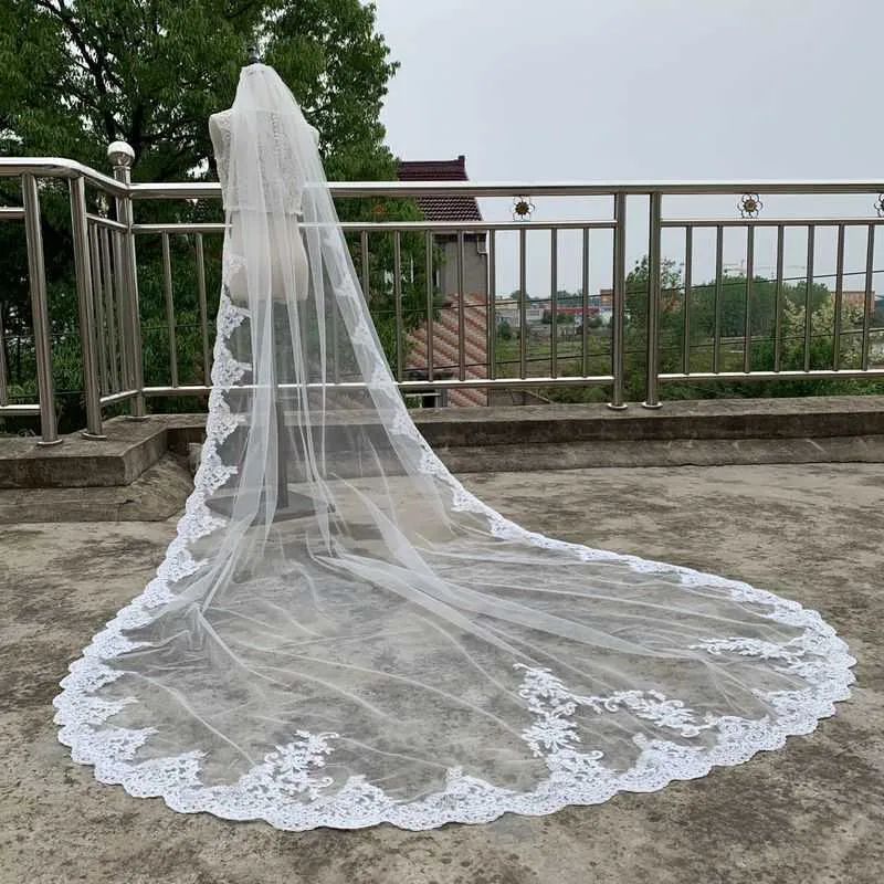 White/Ivory 3M Cathedral Length Lace Edge Bridal Head Veil With Comb Long Wedding Veil Accessories velos de novia X0726