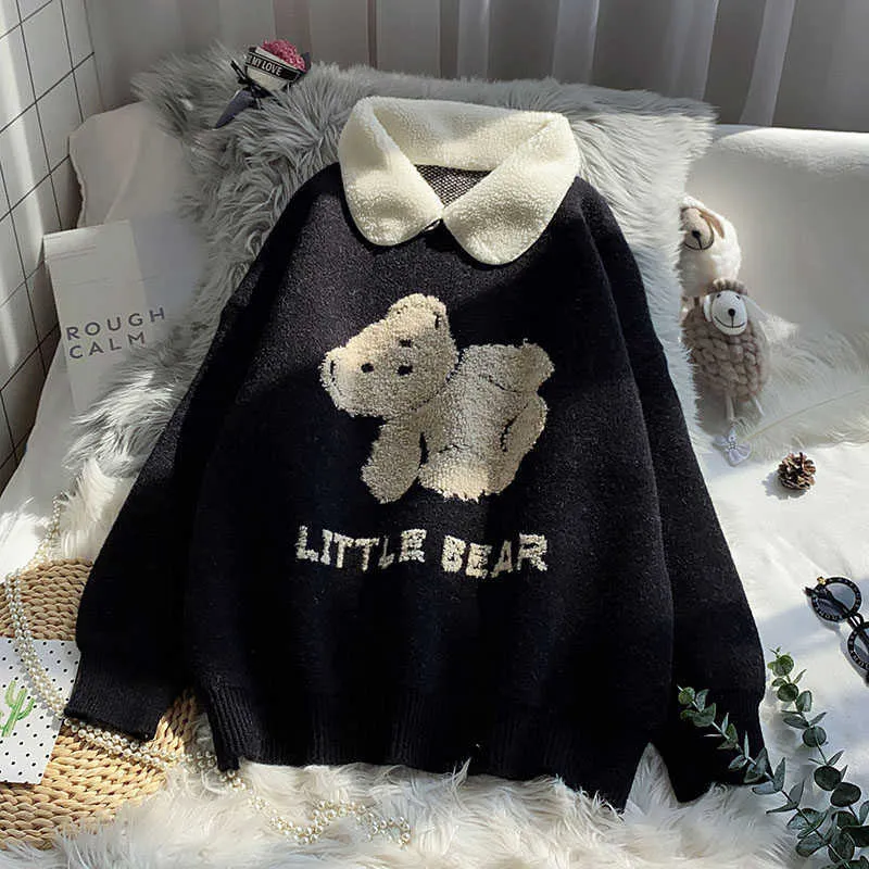 H.SA Womens Oversized Cartoon Bear Pullover Sweater, Casual