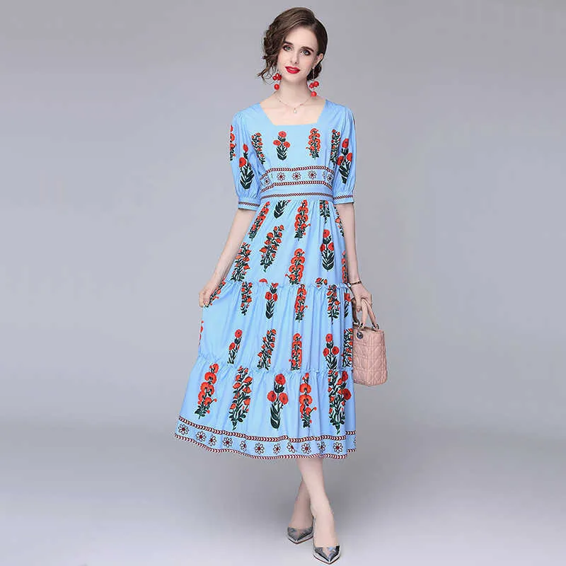 Женщины лето дизайнер элегантный цветочный слоеный рукав сексуальная повседневная партия халат женское синее винтажное праздник печать платье Vestidos 210525