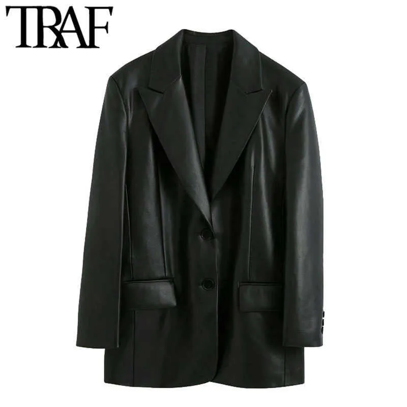 TRAF女性のファッションフェイクレザールースブレザーコートビンテージ長袖ポケットバックベント女性アウターウェアシックトップ210930