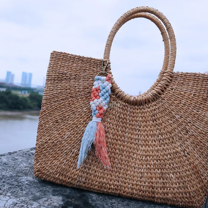 Kontrast färg bomullsrep stickad fisk sjöjungfru nyckelringar handväska hänger för kvinnor män mode smycken vilja och sandig