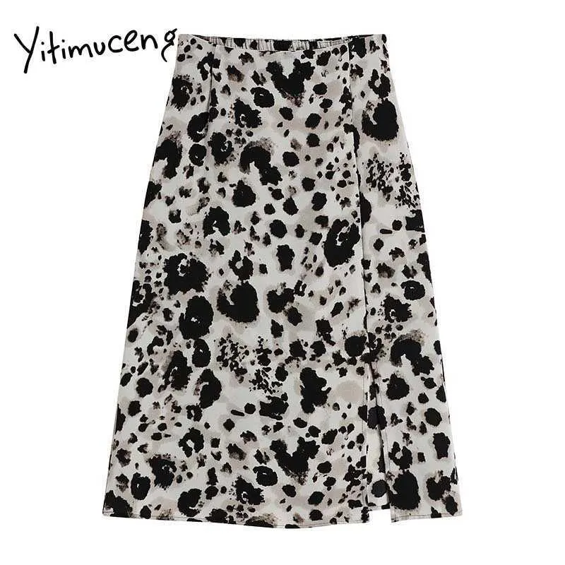 Yitimuceng Leopard Skirt Women Vintage Split Fork Office Lady Skirts High Waist A-Line Clothing Summer Korean Fashion 210601