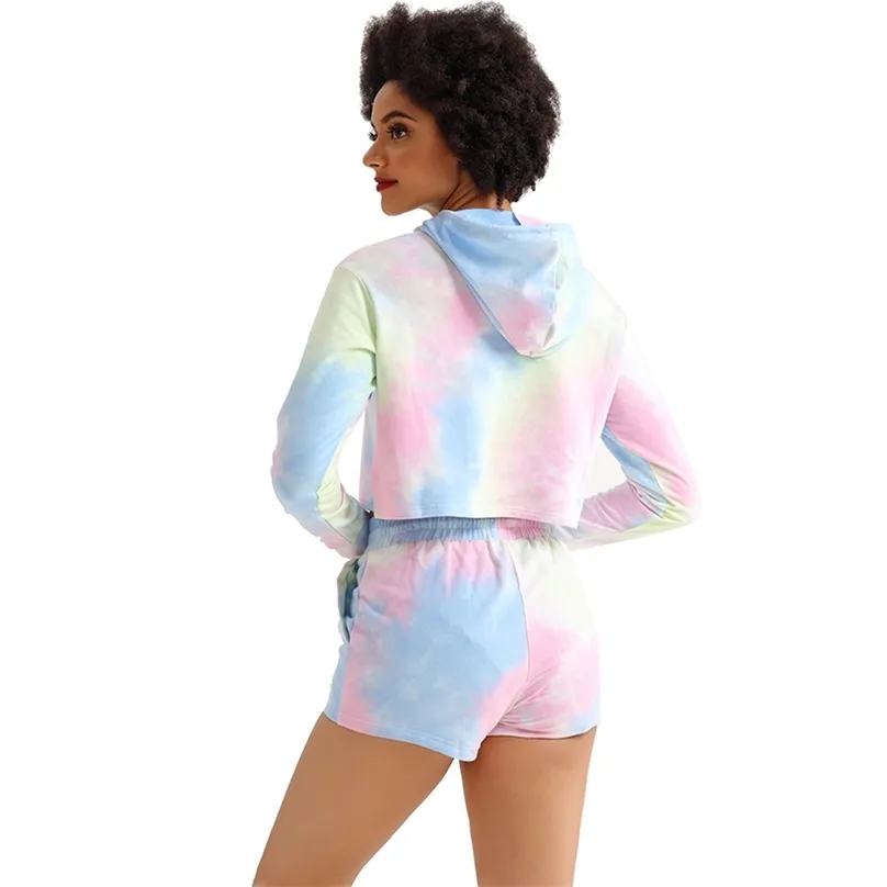 NWT Tie Dye Crop Sweater+Leisure Drawstring Shorts Sports Sets Women Cotton Hooded Gym Workout Long Sweater+Shorts 2Pcs/Set 210802