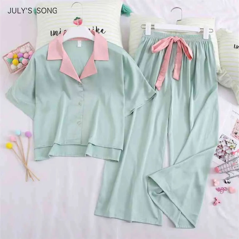 JULY'S SONG Faux Silk Female Pajamas Sets Summer For Women Casual Turn-down Collar Short Sleeve Long Pants Sleepwear 210809