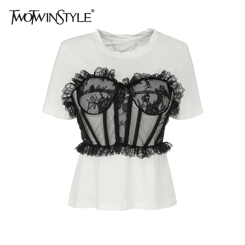 TWOWINSYLE Patchwork Lace ube op Shirt For Women O Neck Short Sleeve Casual Female Summer Fashion Clothes 210623