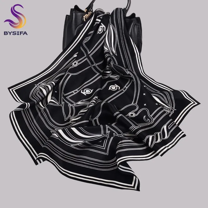 BYSIFA|New Brand Women 100% Silk Scarf Shawl Black White Striped Square Scarves 70*70cm Spring Fall Fashion Women Neck Scarf