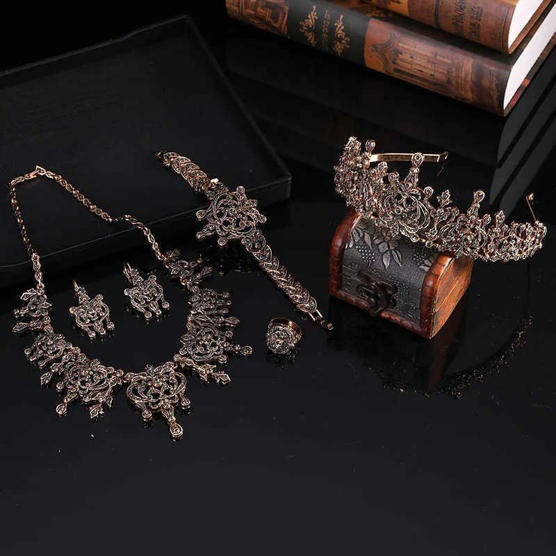 Ensemble de Bijoux de mariage turc, boucles d'oreilles, collier, Bracelet, bague, couronne, arabe, or, cadeau de mariée, H1022