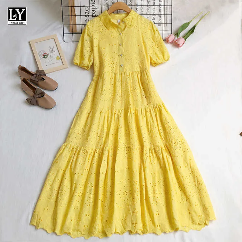 LY Varey Lin Summer Women Casual High High Paist Single Breasted Vintage Dress Sweet Turn-Down Kołnierz Hollow Out Haft 210526