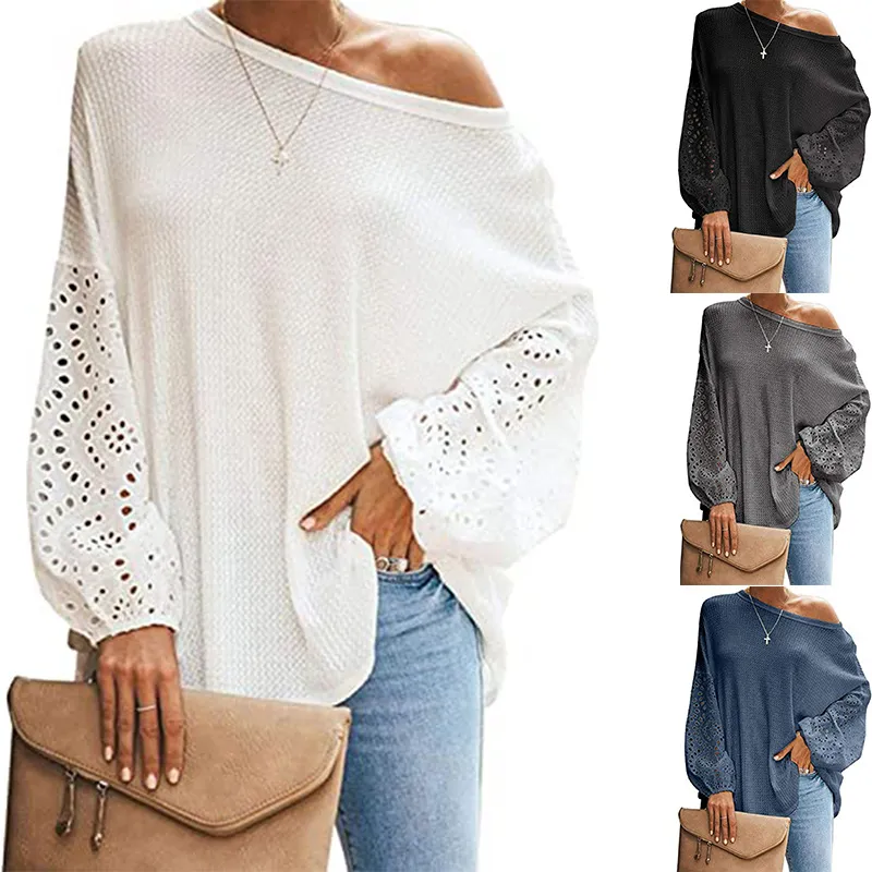 Mulheres Blusas Longa Buffy Sleeve Slash Pescoço Suéter Top Solto Casual Knit Pullover Boho Patchwork Camisas