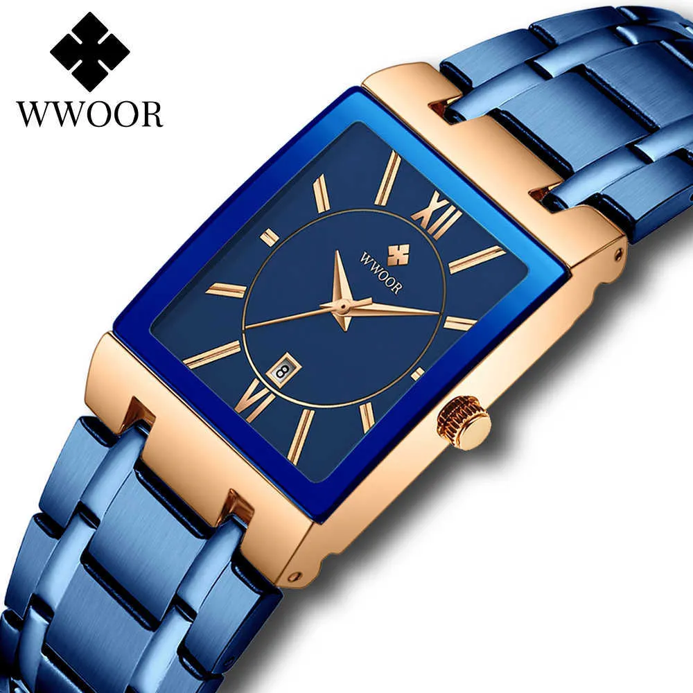 WWOOR azul de aço completo relógio com data automática de luxo negócio quadrado quartzo análogo relógio de pulso à prova d'água Reloj hombre 210527