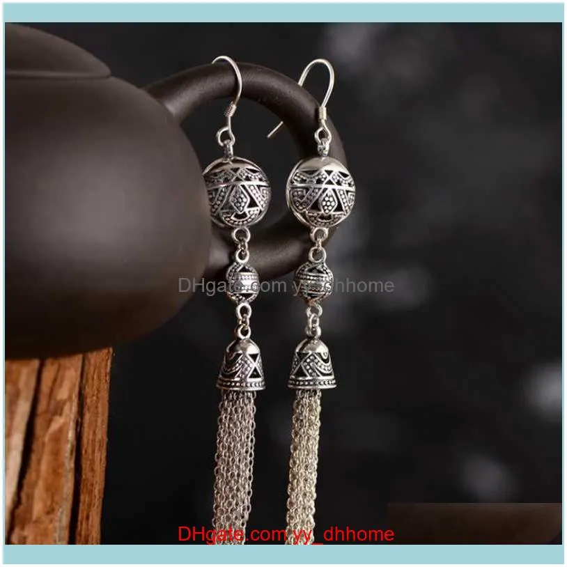 Real 925 Sterling Silver Classic National Style With Retro Tassel And Hollow Pattern Earrings Fine Charm Jewelry For Women Hoop &