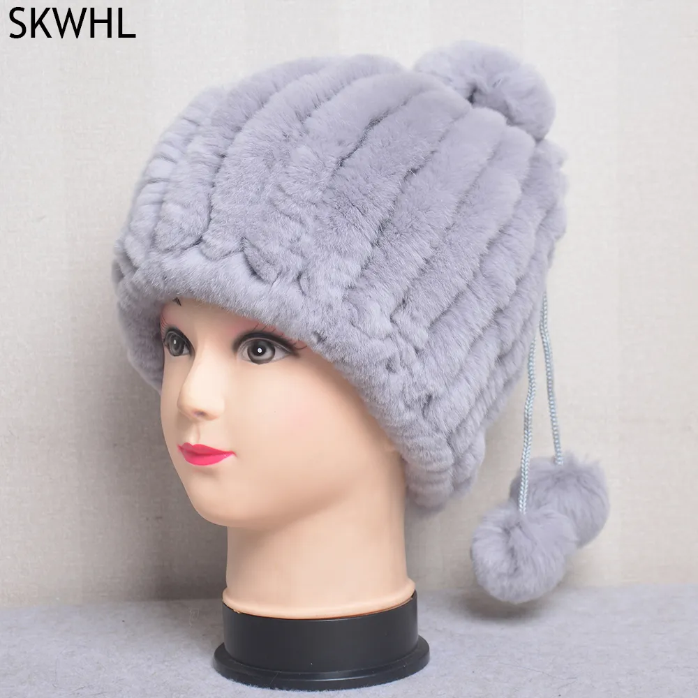 Frauen Echt Rex Kaninchen Hut Winter Pelz Caps Weibliche Warme Schnee Mode Damen Elegante Verdicken Hüte Mützen Kappe