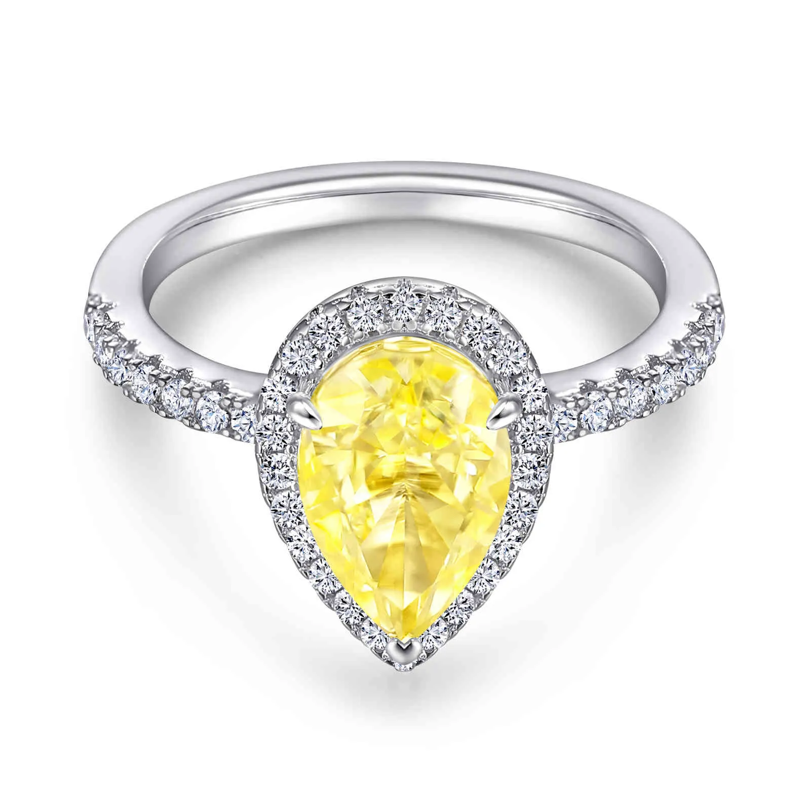 Europe Style Engagement 925 Sterling Sier High Carbon Dril Zircon Pears Shape Yellow Color Gemstone Finger Ring
