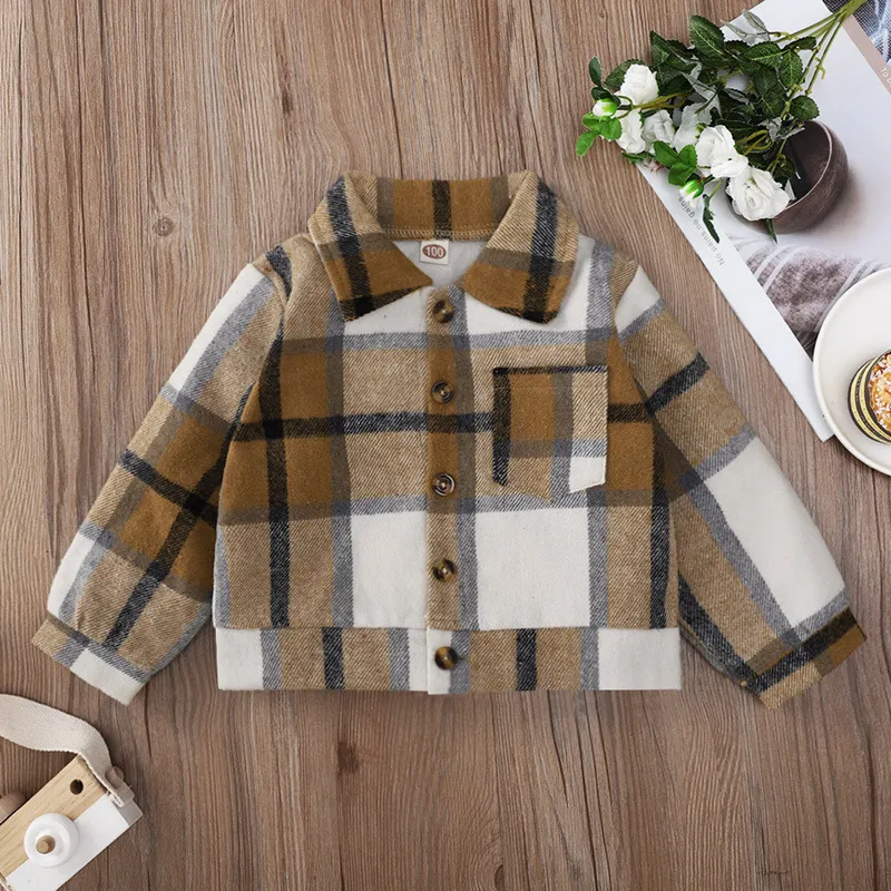 2021 Baby Girls Kurtki Wiosna Jesień Moda Środkowa Kurtka Dziecka Z Długim Rękawami I Lapelami W Brown Stripe Sprawdzone Drukuj Dzieci Dziewczyna Ubrania Odzieży Outerwear