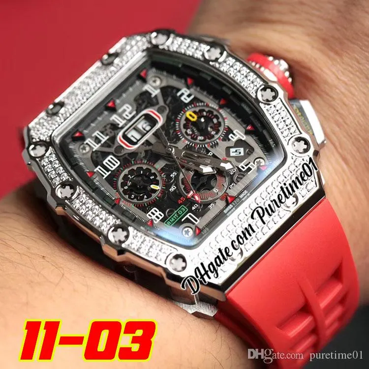 2022 Miyota Mens Mens Relógio Rosa Diamantes De Ouro Diamantes Big Big Data Preto Esqueleto Skeleton Dial Marcadores Red Borracha Strap Super Edição Super Edição Puretime01 03DrG-C3