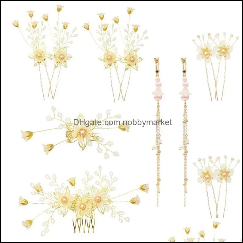 Wedding Jewelry Sets 1 Set Baroque Pearl Gold Flower Hair Combs Clips Long Clip Earrings Bridal Headpiece Headdress Aessories Drop Delivery