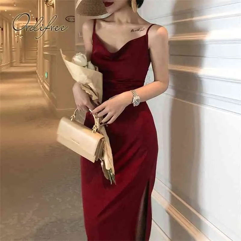 Ordifree Summer Vintage Women Satin Slip Dress Spaghetti Strap Side Slit Black Burgundy Silk Sexy Long Party Dress 210719