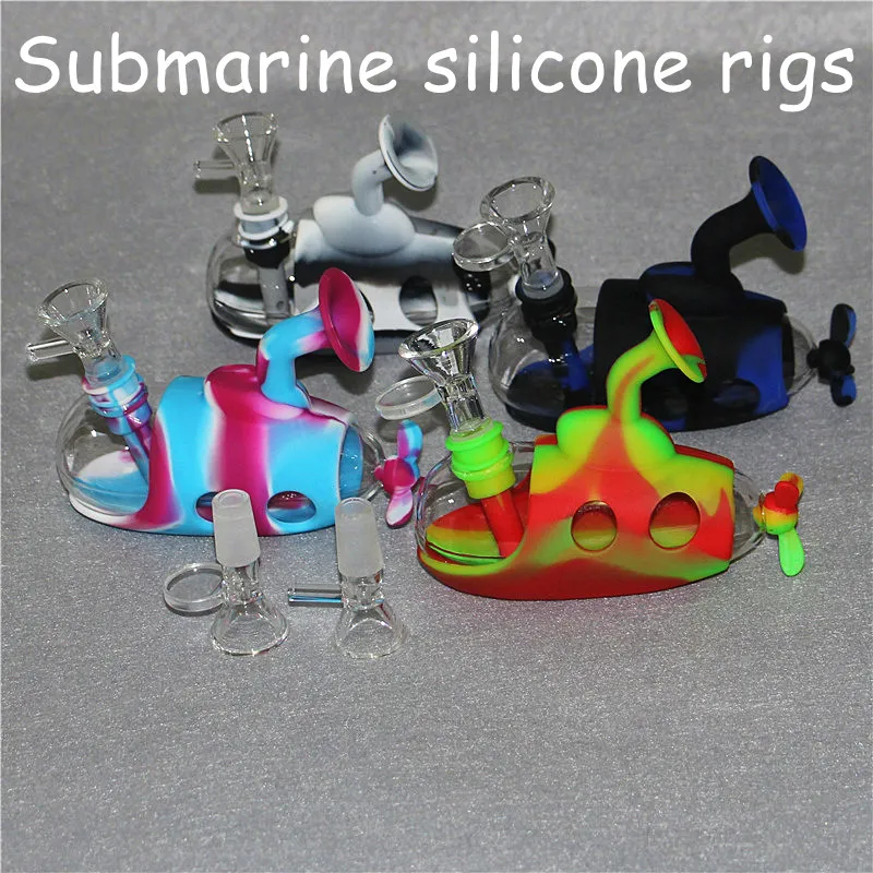 Submarino Rigas de silicone de água Bongos de cachimbo de água inquebrável Bongo com tampas de bolha de vidro de 14 mm Caps de carboidratos concentrados