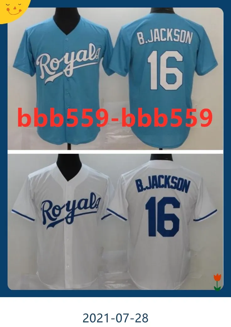 2020 männer baseball 16 bo jackson jersey vintage team farbe blau weg weiß kühle basis stickerei und nähen atmungsaktive hochqualität