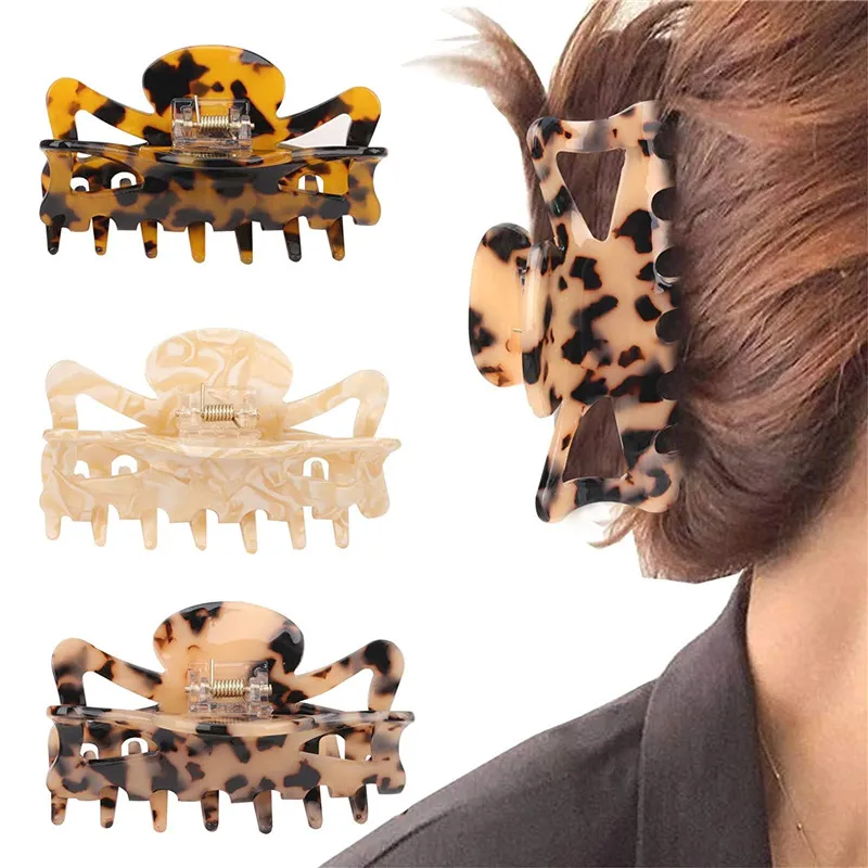 Pince à cheveux pour femmes 3,5 / 4 pouces Grip Barrettes à imprimé léopard Design vintage français Grande mâchoire de poils pour cheveux longs épais et fins bouclés 15pcs