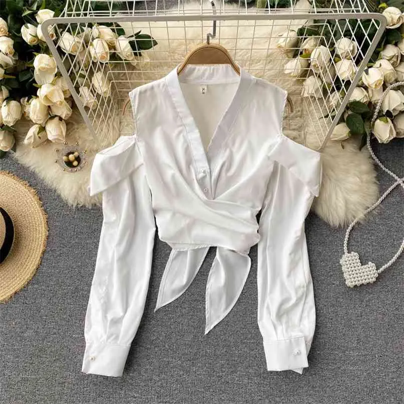 Coreano Primavera Moda Donna Top corto Camicia a maniche lunghe con lacci a farfalla Bianco Nero Camisas Mujer Camicetta R170 210527
