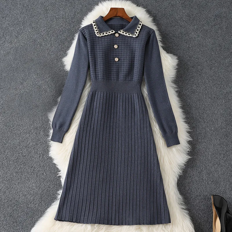 2022 Spring Long Sleeve Lapel Neck Grey Solid Color Knitted Panelled Buttons Knee-Length Dress Elegant Casual Dresses 21S138B436