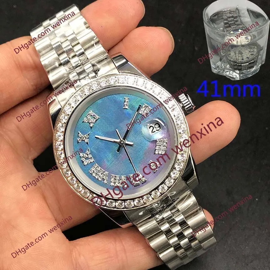 2 고품질 다이아몬드 시계 41mm 망 시계 블루 로마 기계식 montre de luxe 2813 기계식 자동 강철 방수 손목 시계