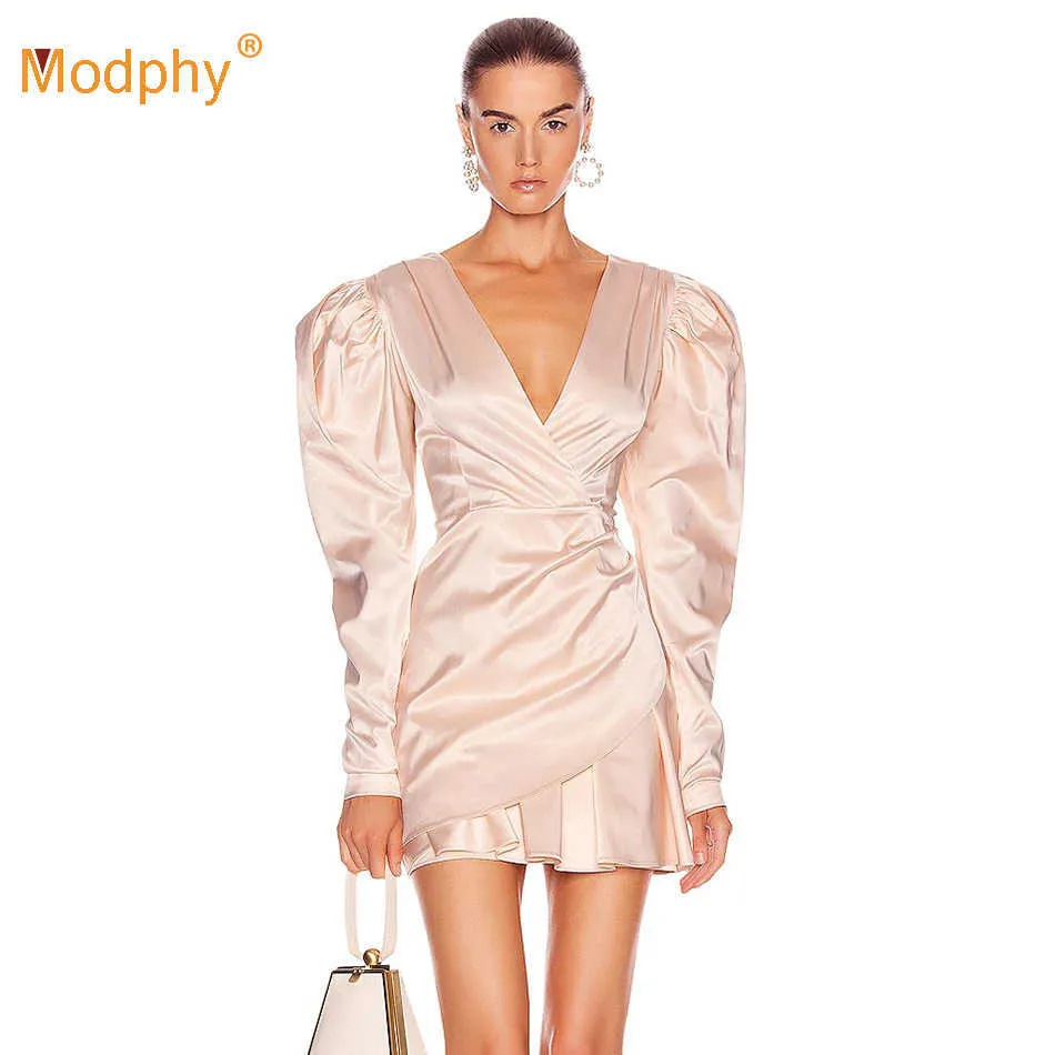 Spring Pink Sexy Deep V-neck Lantern Sleeve Pleated Mini Dress Women's Bodycon Club Celebrity Evening Party Vestidos 210527