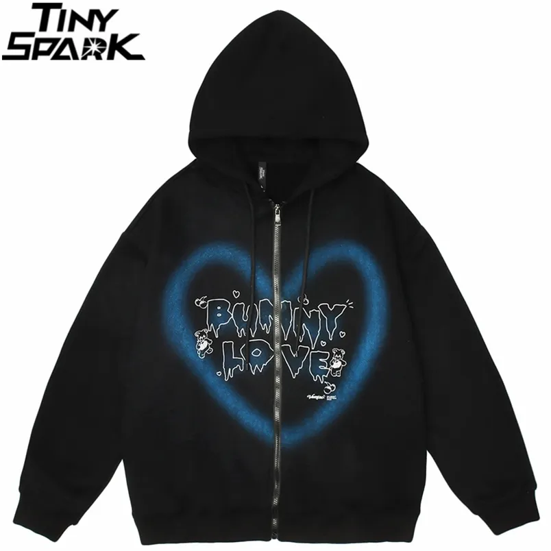 Hip Hop Streetwear Hooded Jacket Män Graffiti Heart Letter Bear Print Coat Höst Harajuku Cotton Outwear 210811