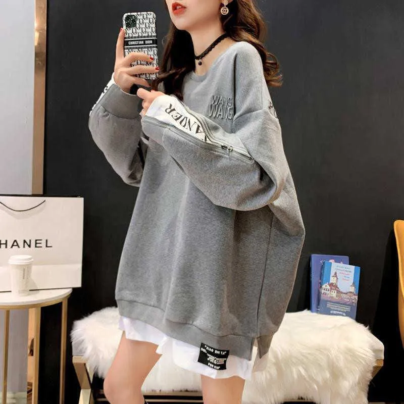 Plus Size Spring Autumn Women Pullovers Hoodies Medium Long Faux Two Piece  O Neck Loose Thin Top Sweatshirts Casual Black 210803 From 13,1 €