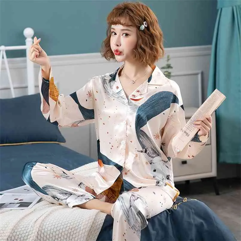 Silk pyjamas sommar långärmad byxor kostym damer lös casual hem slitage mode tryck söta kvinnor 210831