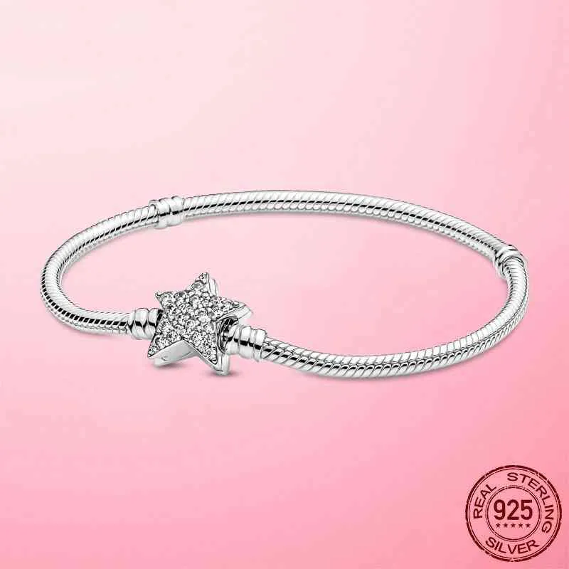 925 Sterling silver Cubic Zircon Star Link Snake Bone Chain Bracelet for Women Fit Original Pandora Charm Bead DIY Making