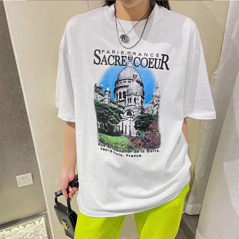 T-shirts Femme 21ss Notre Dame de Paris Château Imprimé Coton Col Rond Détruit Lâche Manches Courtes