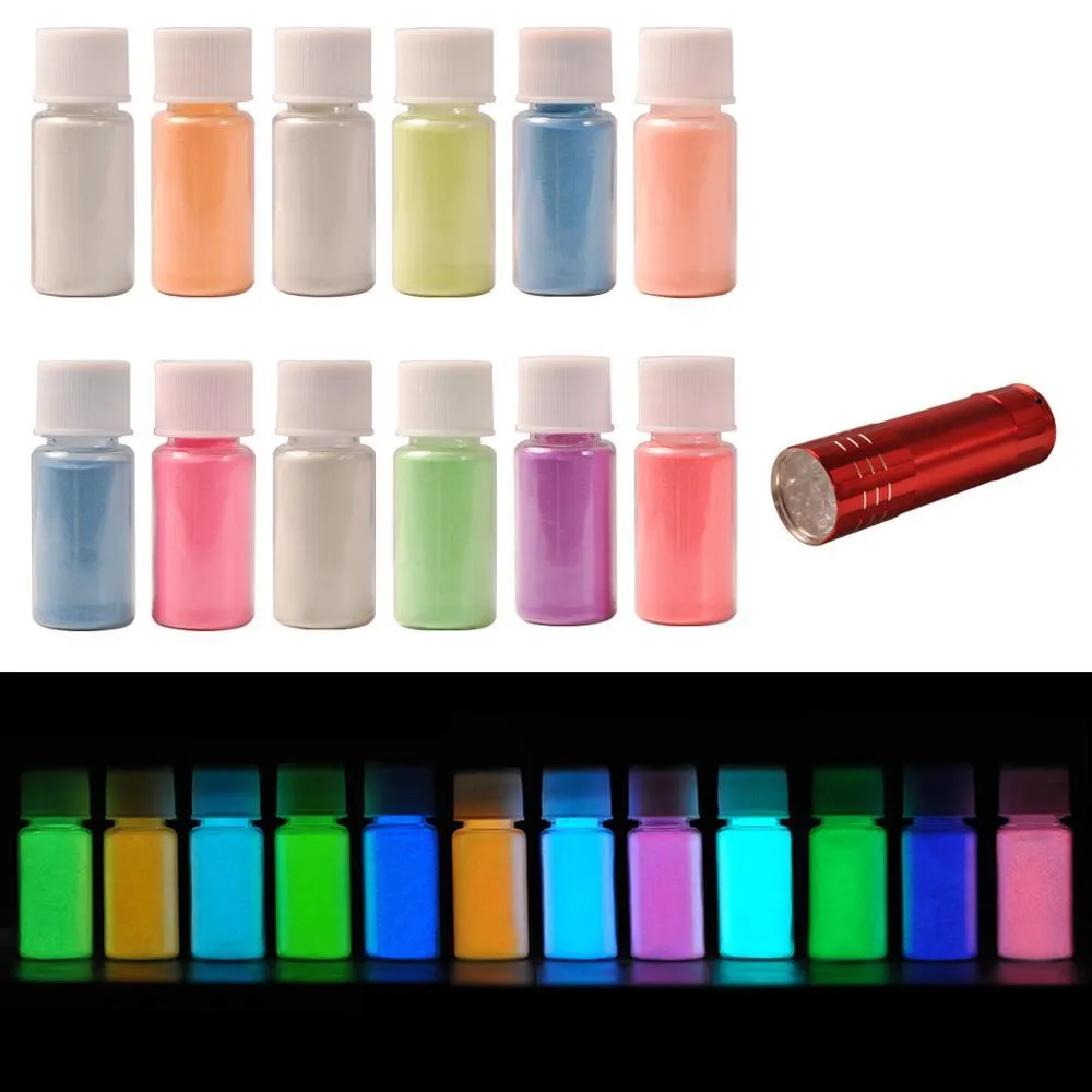 Biutee 12 couleurs brillent dans la poudre de pigment foncé avec lampe UV couleur néon peinture poudre fluorescente résine époxy lumineuse 20 g/bouteille