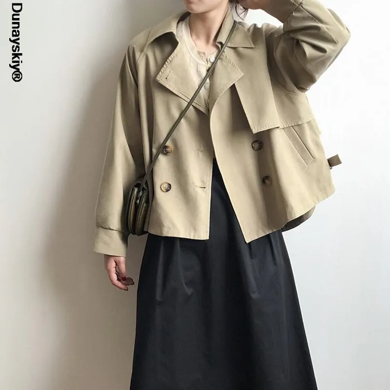 Femmes Trench-Coats Solide À Manches Longues Crop Veste Femmes Double Boutonnage Ourlet Asymétrique Chic Veste Femme Automne Printemps 2021 Mujer