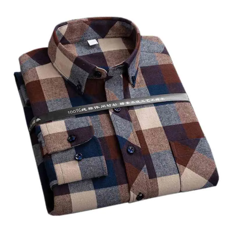 Plaid Shirts voor Mannelijke Plus Size Leisure Mens 100% Katoen Winter Warm Flanel Casual Geruit Over Shirt Lange Mouw 210626