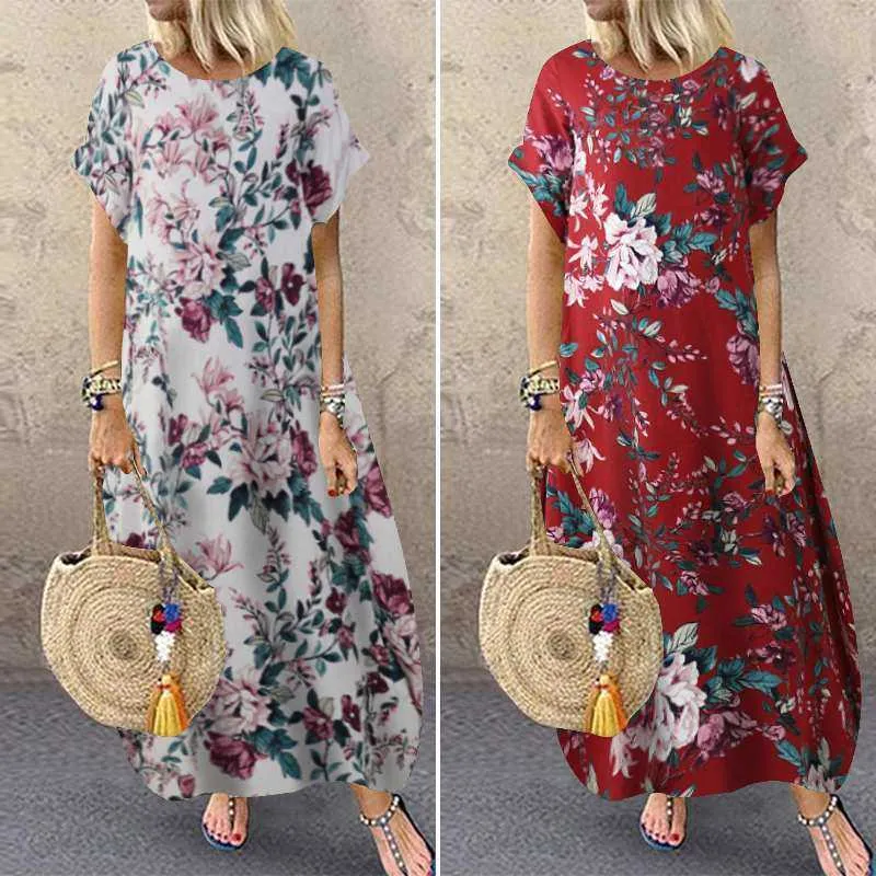 ZANZEA 2021 Mode Zomer Beach Drwomen's Gedrukte Sundrcasual Korte Mouw Maxi Vestidos Vrouwelijke Bloemen Robe Oversized X0529